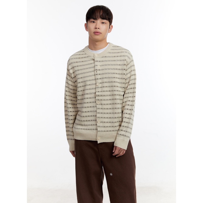 Men’s Striped Button-Up Cardigan IA504 Light beige M/L