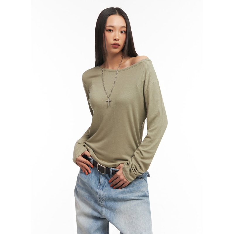 Ribbed Relaxed Long Sleeve Top IA504 Dark green S/M