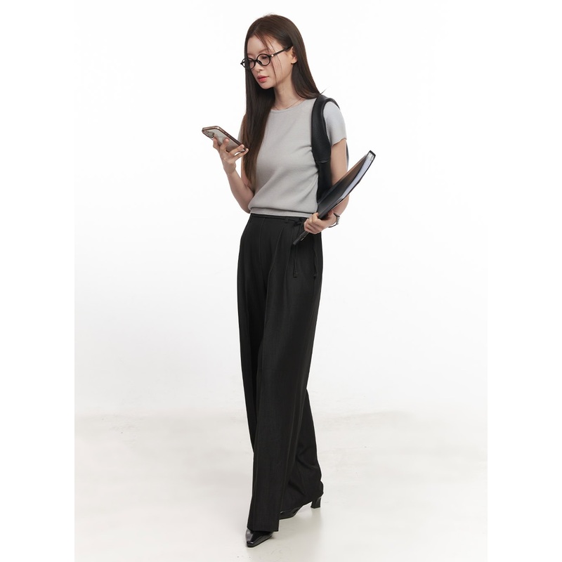 Wide-Leg Slacks with Ribbon Detail CA502 Black S/M