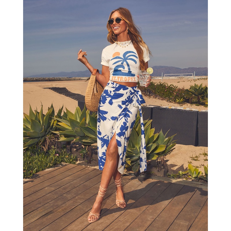 Adventure Awaits Floral Wrap Skirt Ivory/Blue S
