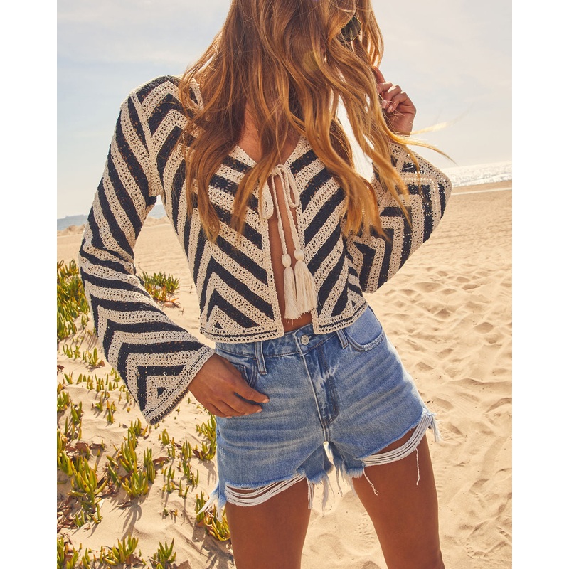 Almina Front Tie Crochet Top Beige/Black XS