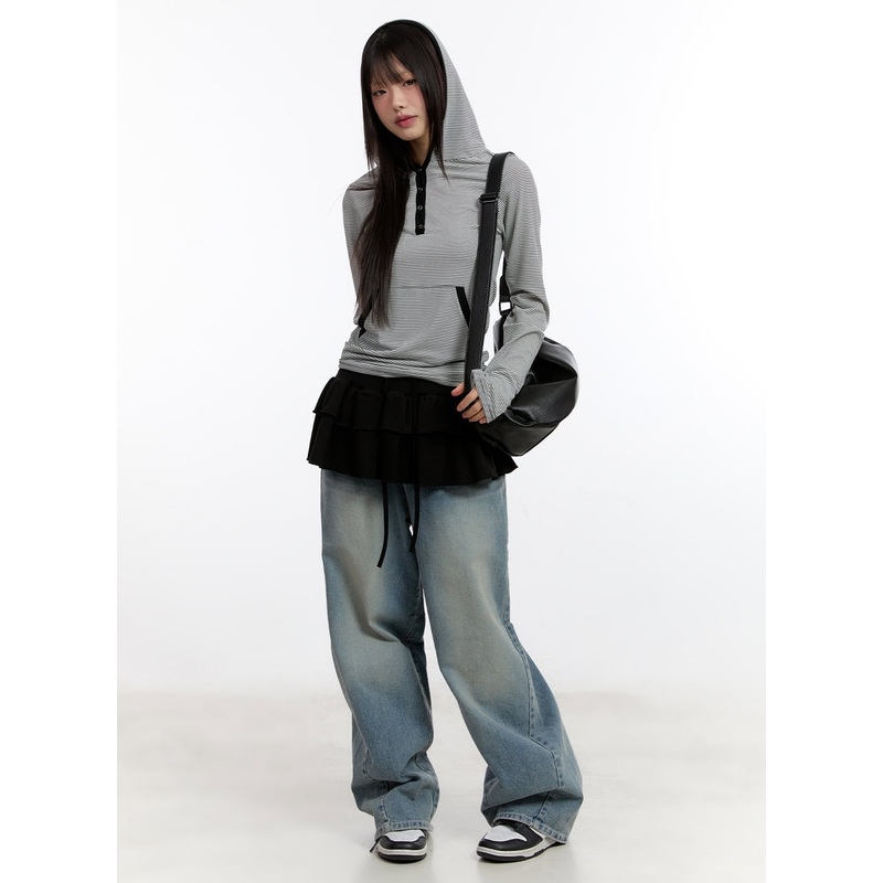 Button Stripe Hoodie Top CA508 Black S/M