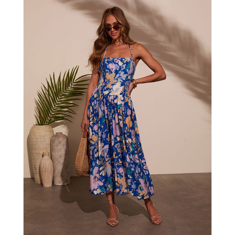 Delfina Floral Midi Dress Retro Blue XS