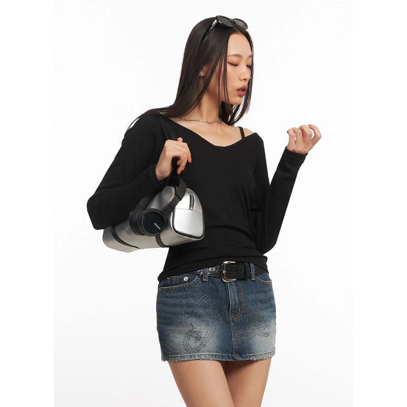 V-Neck Long Sleeve Top IA507 Black S/M
