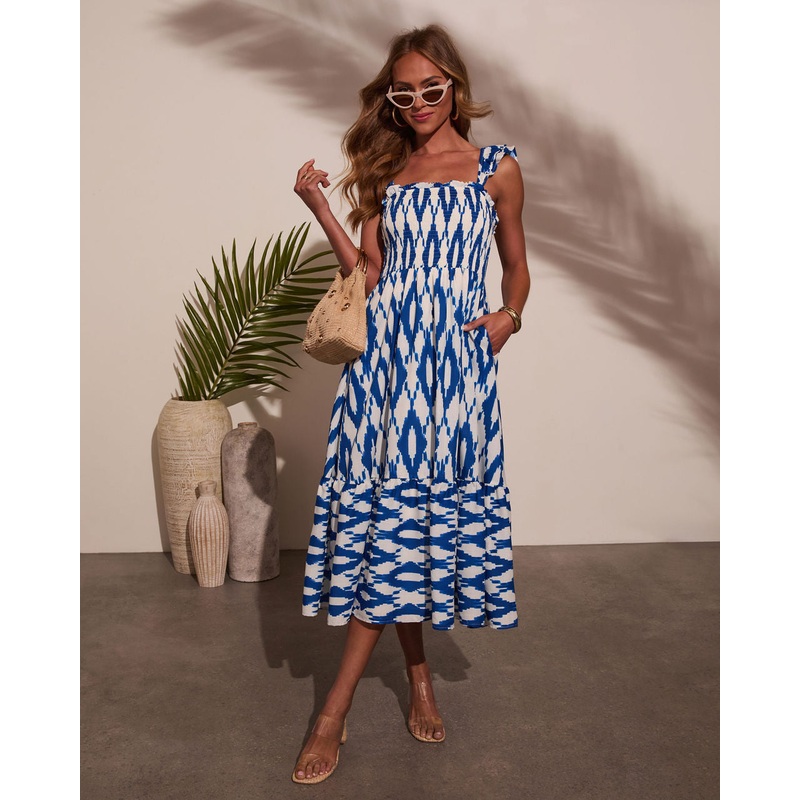 Wander Away Abstract Midi Dress Blue/Ivory XS