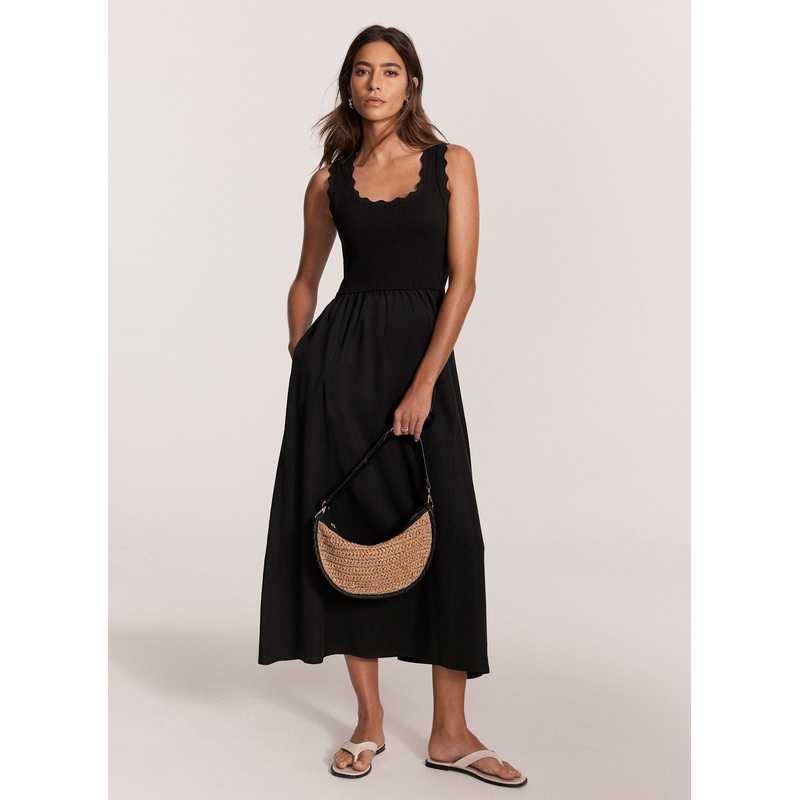 Black Scallop Trim Midi Dress XS