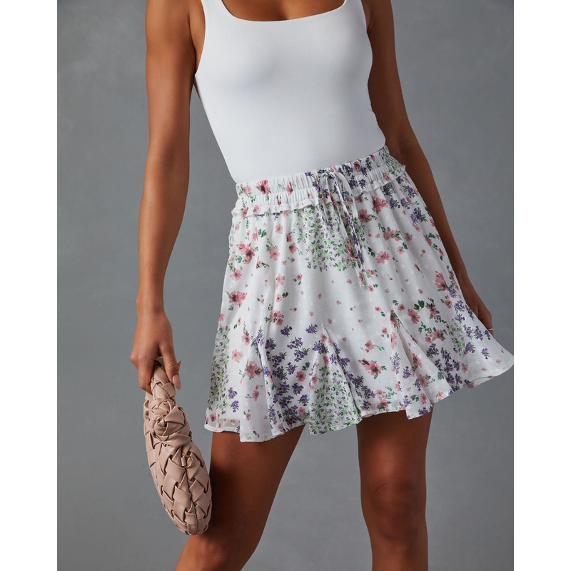 Capri Elastic Waist Floral Mini Skirt White XS