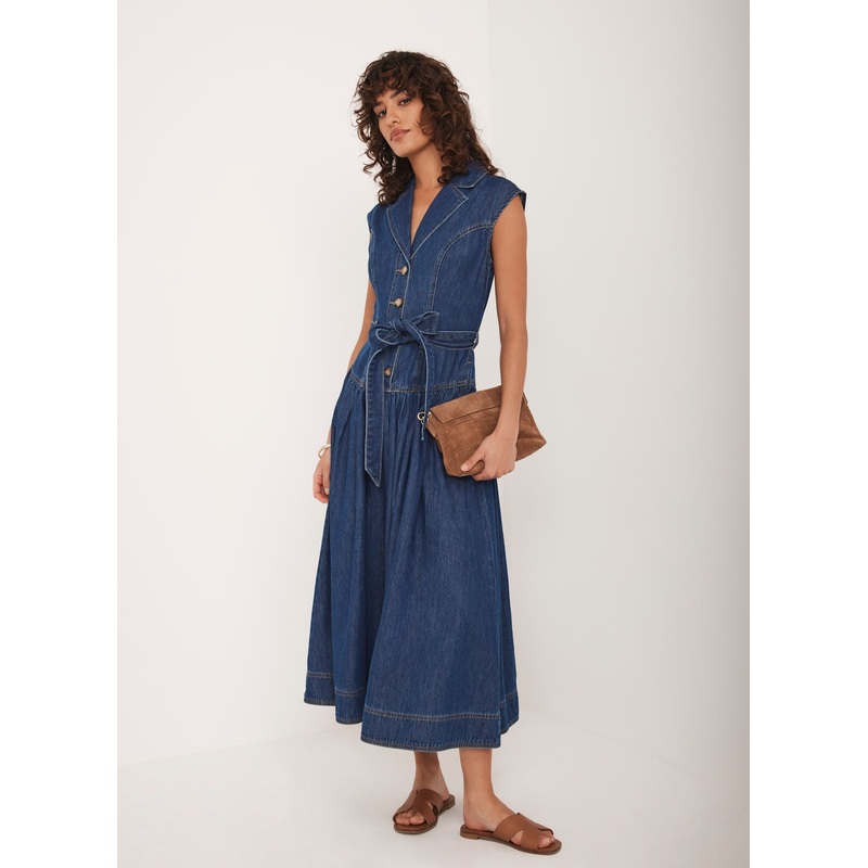 Dark Indigo Drop Waist Collared Denim Dress 06