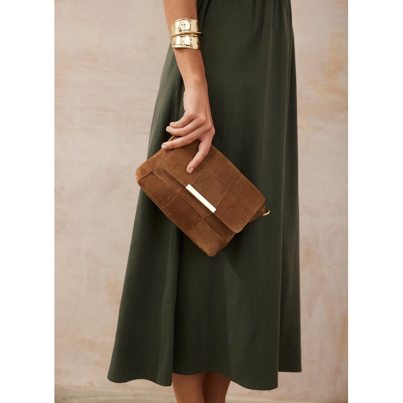 Lara Tan Suede Woven Crossbody Bag ONE SIZE