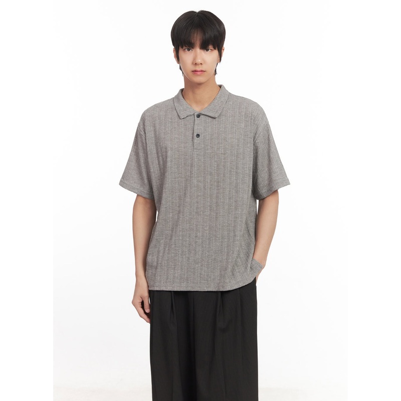 Men’s Loose-Fit Collared Ribbed T-Shirt IA510 Gray M/L