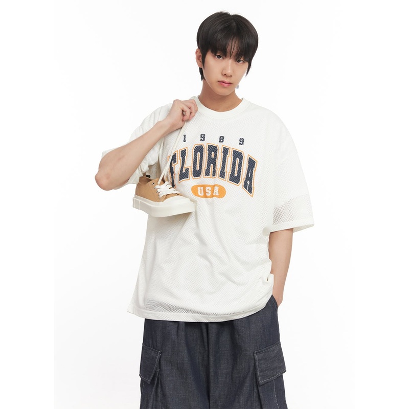 Men’s Oversized Graphic Mesh T-Shirt IA510 White M/L