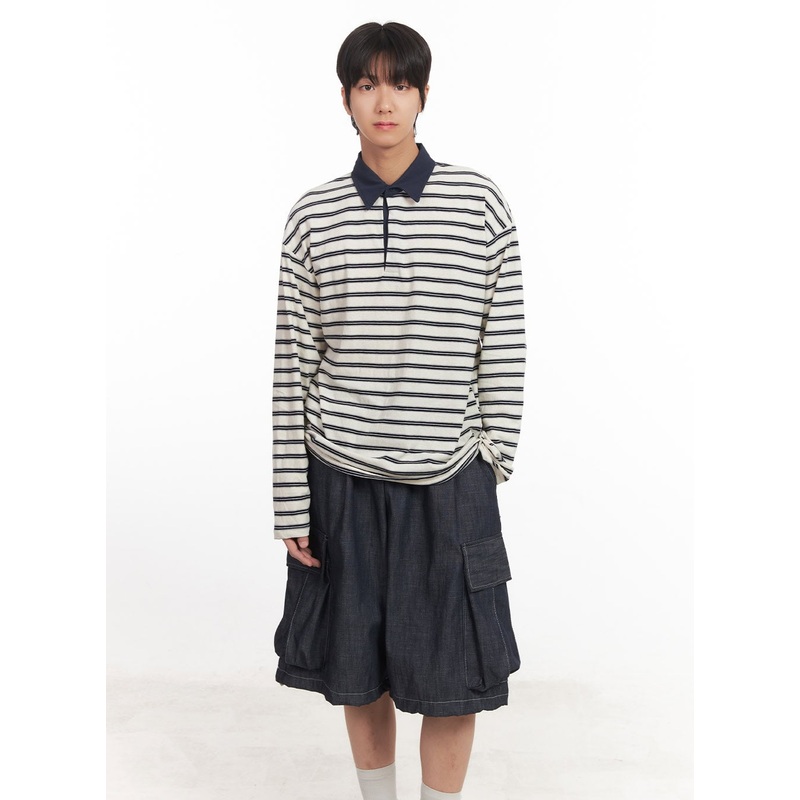 Men’s Striped Long Sleeve Polo Shirt IA511 White M/L