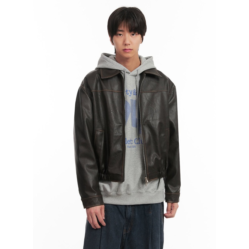 Men’s Vintage Faux-Leather Collared Jacket IA510 Dark brown M/L