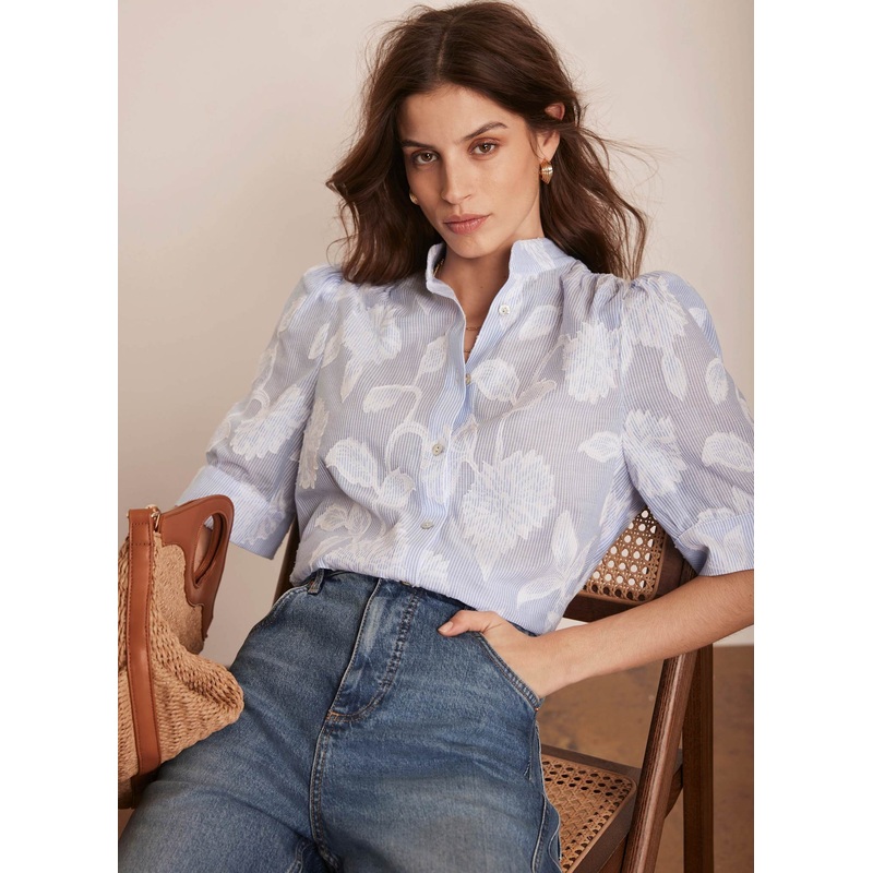 Blue Striped Floral Blouse XS