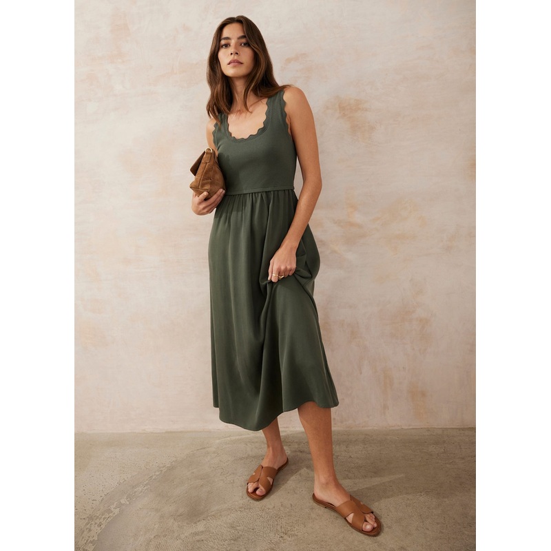Khaki Scallop Trim Midi Dress XS