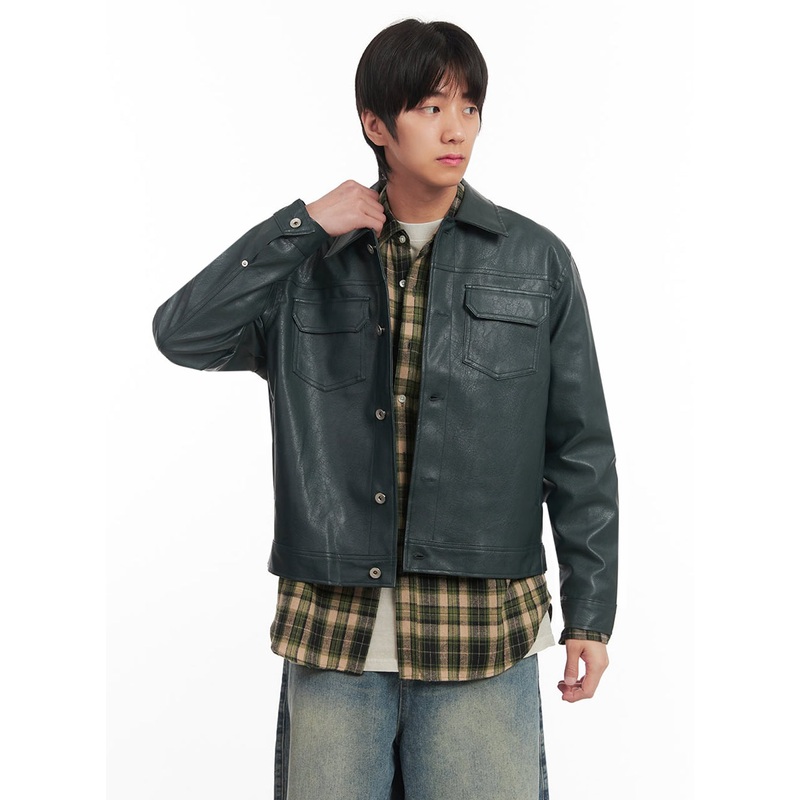 Men’s Faux-Leather Collared Trucker Jacket IA511 Dark green M/L