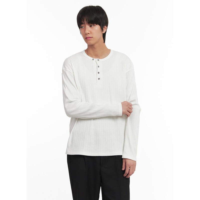 Men’s Ribbed Buttoned Long-Sleeve Shirt IA511 White M/L