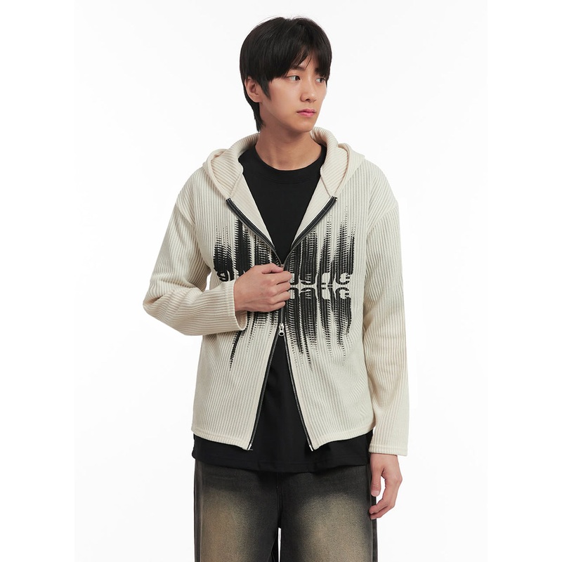 Men’s Ribbed Knit Graphic Hooded Jacket IA511 Light beige M/L