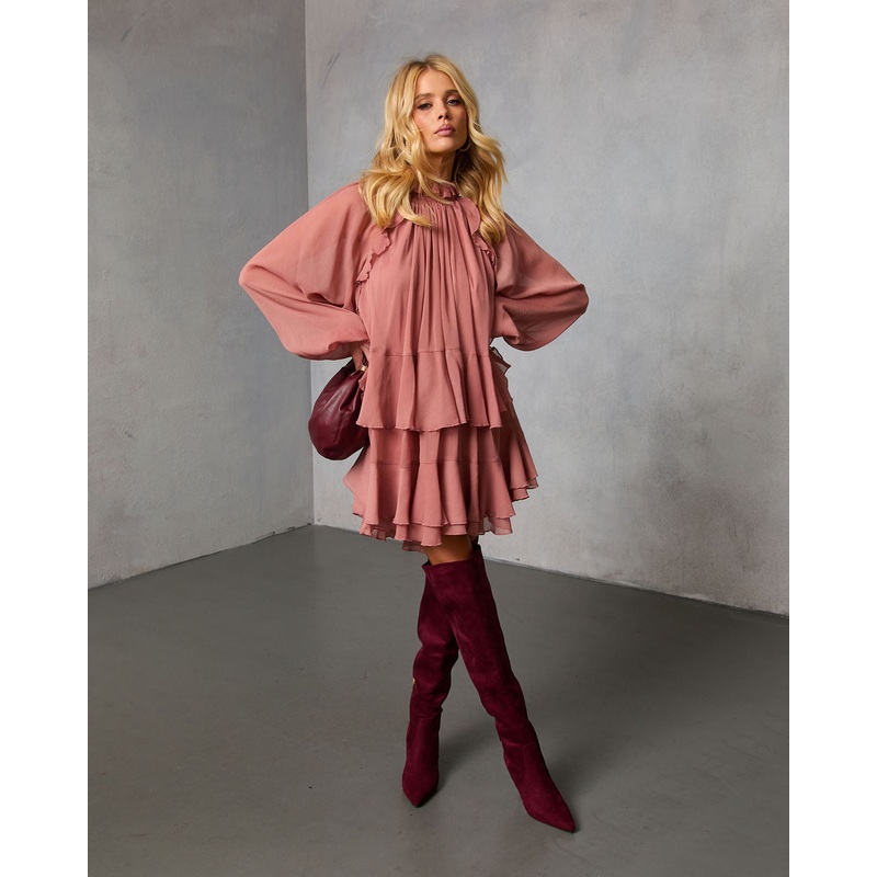 Toast Season Ruffle Chiffon Mini Dress Mauve XS