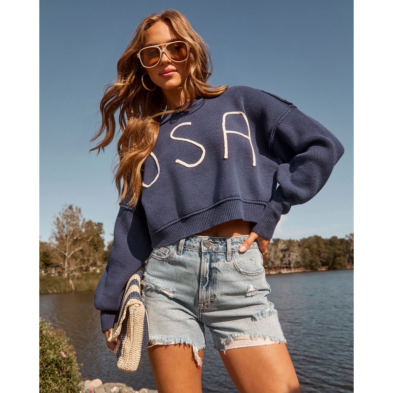 Elouise Cropped USA Crewneck Sweater Navy XS