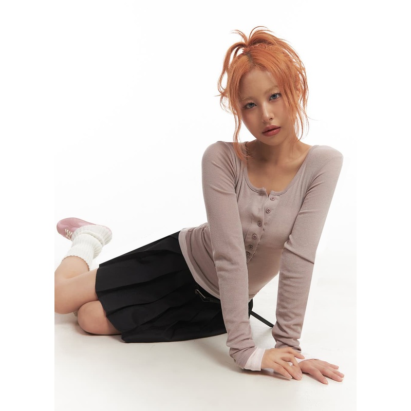 Henley Layered Long Sleeve Top IA515 Pink S/M