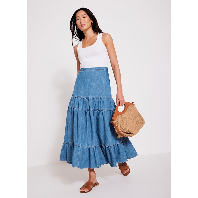 Indigo Tiered Denim Maxi Skirt XS