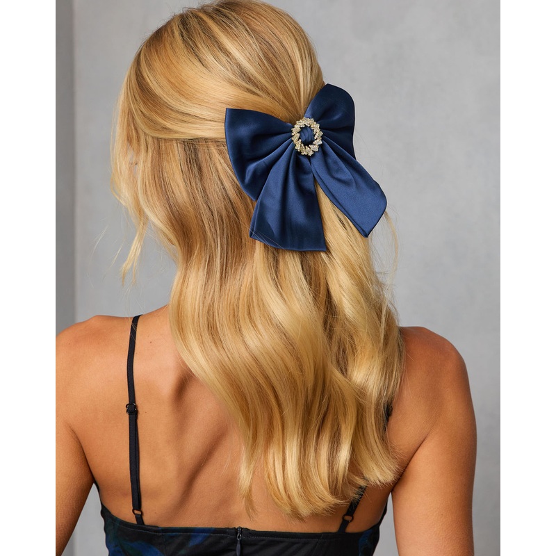 Lindlie Satin Bow Hair Barrette Navy O/S
