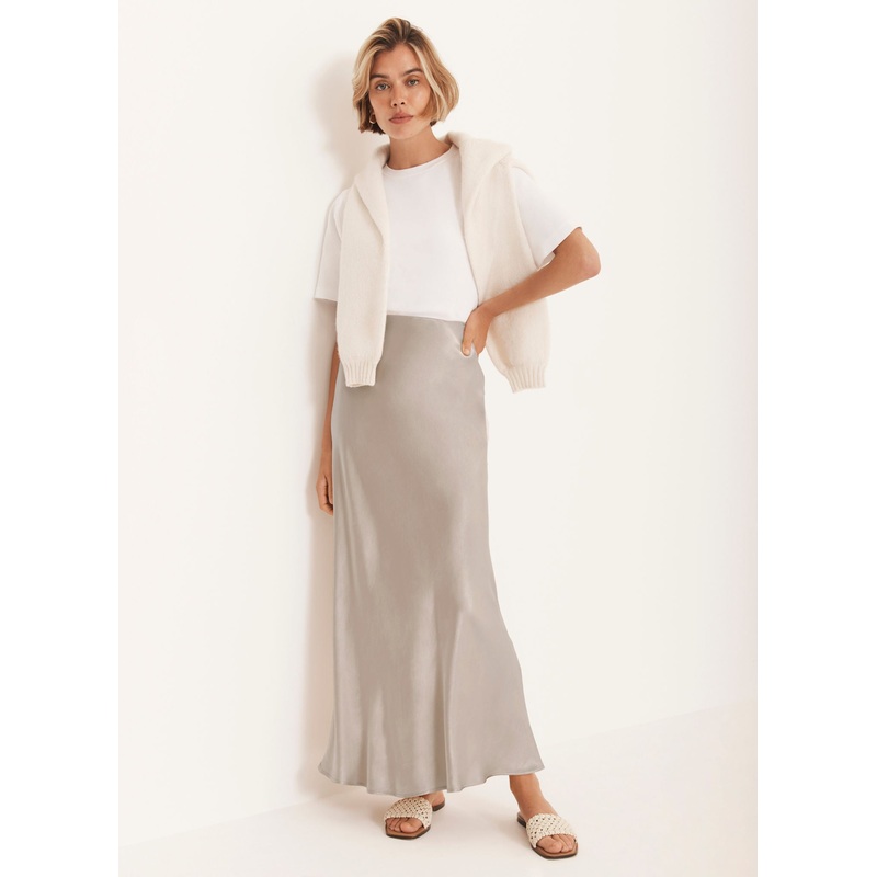 Neutral Satin Slip Midi Skirt XS