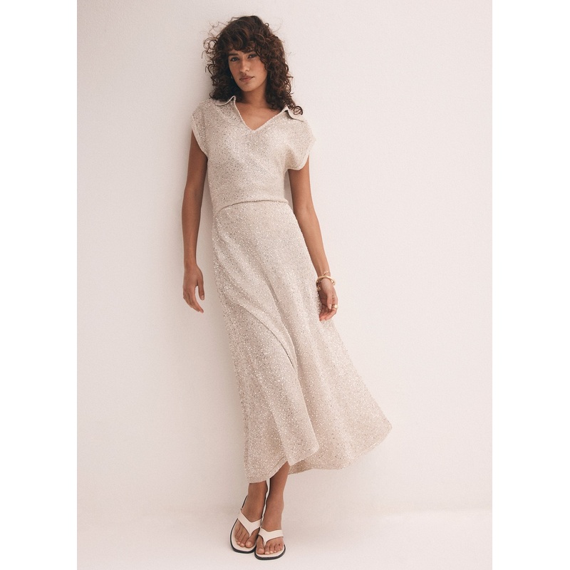 Neutral Sequin Knit Midi Dress XS