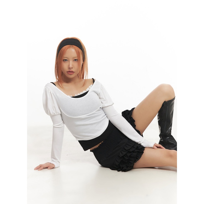 Puff-Sleeve Long Sleeve Top IA515 White S/M