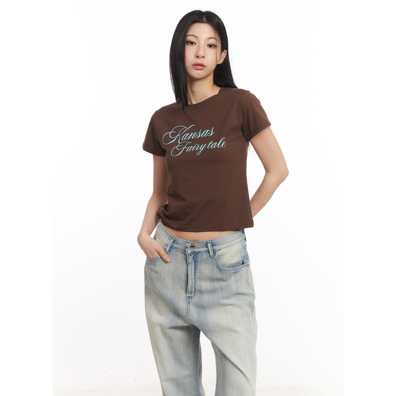 Slim-Fit Cropped Graphic Tee CA514 Dark brown S/M