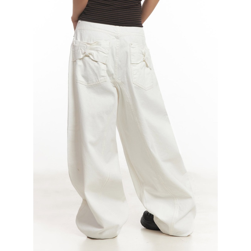 Wide-Fit Ribbon Cotton Trousers IA515 White S
