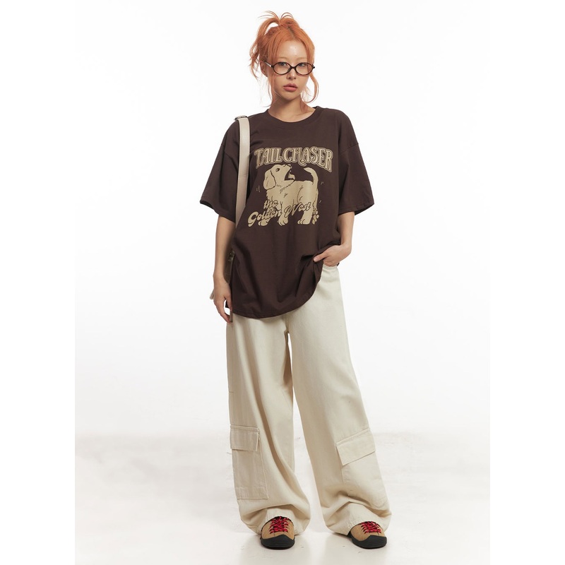 Cargo Cotton Wide-Leg Pants IA517 Light beige S