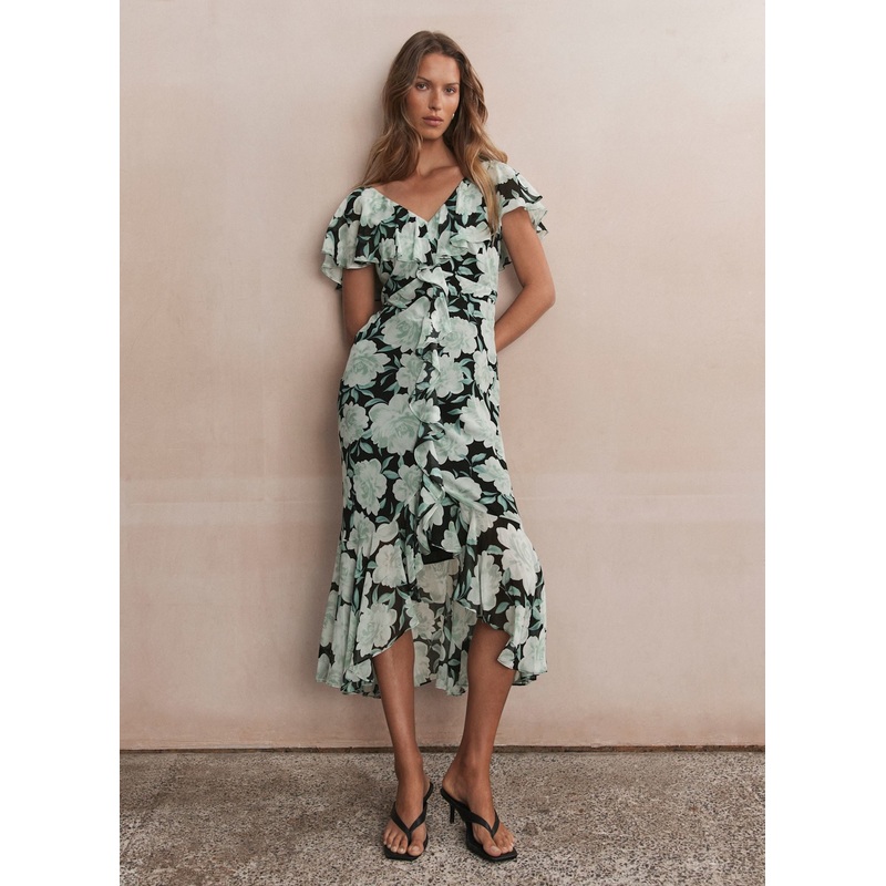 Green Floral Print Ruffle Midi Dress 06