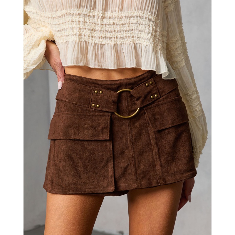 Spice Lane Belted Faux Suede Mini Skort Chocolate XS