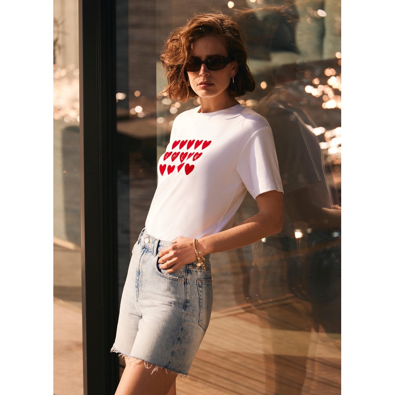 White Cotton Heart Graphic T-Shirt XS