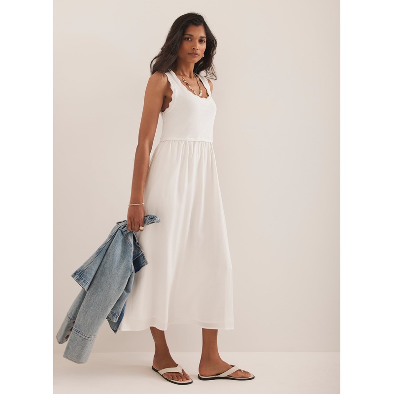 White Scallop Trim Midi Dress XS