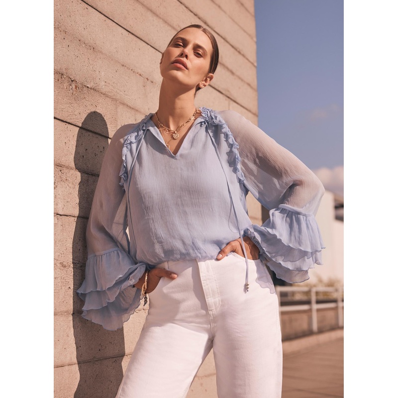 Blue Ruffle Detail Blouse XS