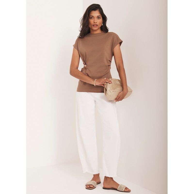 Brown Gathered Detail T-Shirt XS