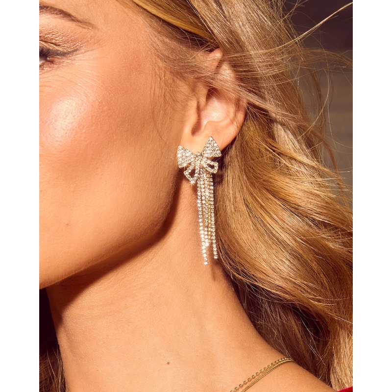 Evendale Rhinestone Bow Chandelier Earrings Gold O/S