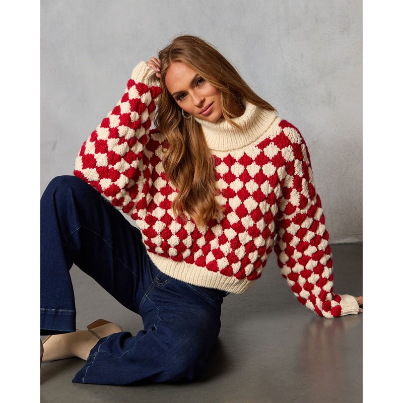 Fireside Affair Checkered Turtleneck Sweater Red Cream XS