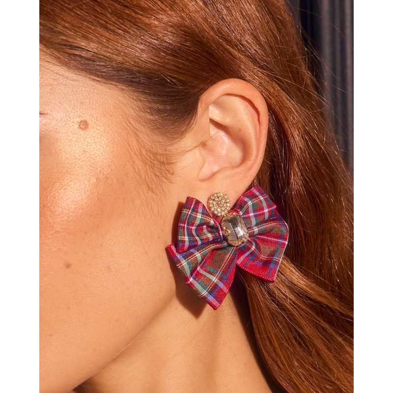 Honeyed Oak Plaid Bow Earrings Red O/S