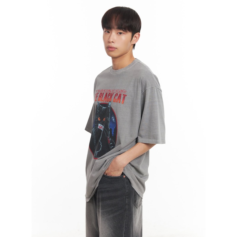 Men’s Cat Graphic Oversized T-Shirt IA521 Gray M/L