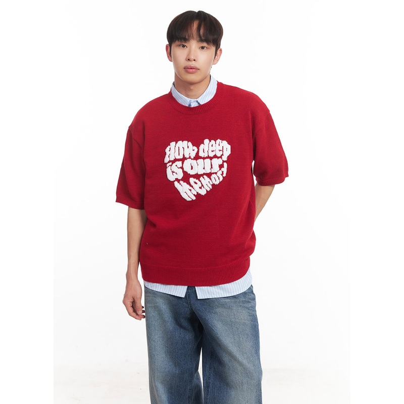 Men’s Heart Graphic Short Sleeve Sweater IA521 Red M/L