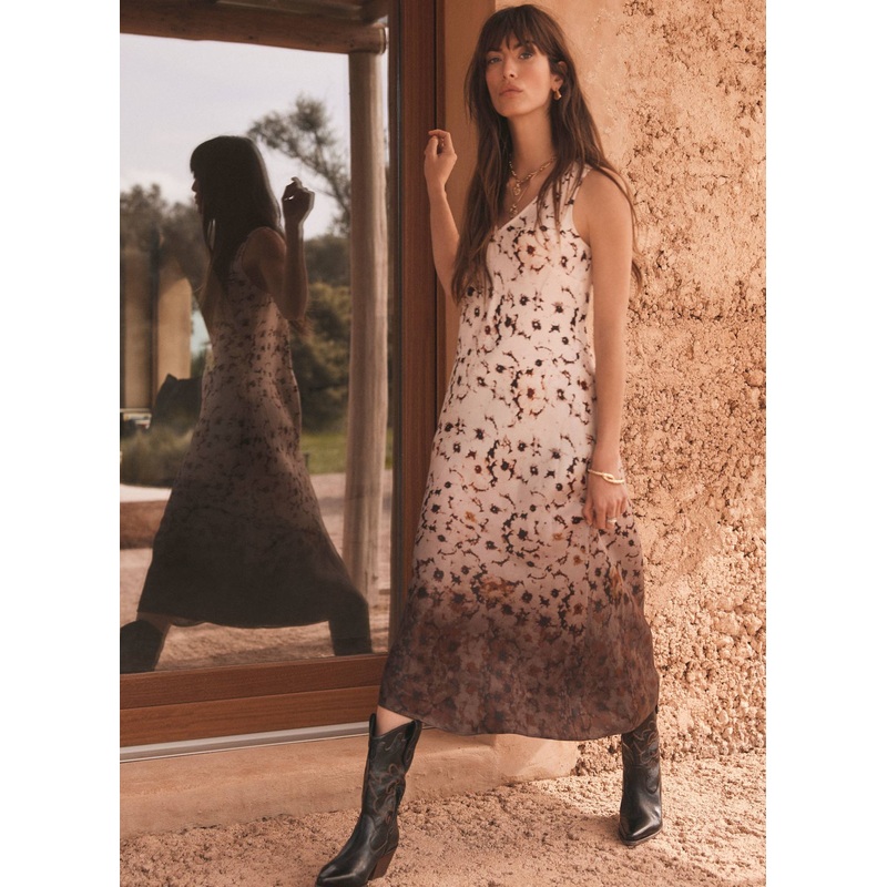 Neutral Floral Ombre Print Midi Dress XS