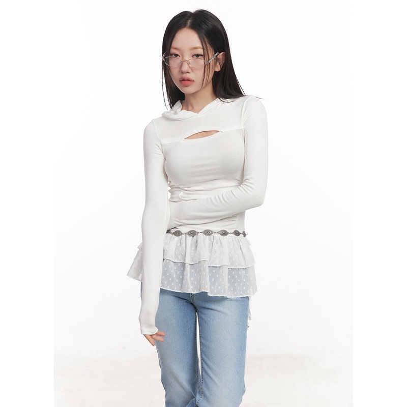 Shirred Cut-Out Crop Hoodie Top CA521 White S/M