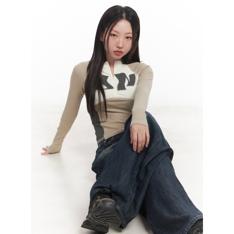 Stitched Half-Zip Long-Sleeve Crop Top CA521 Beige S/M