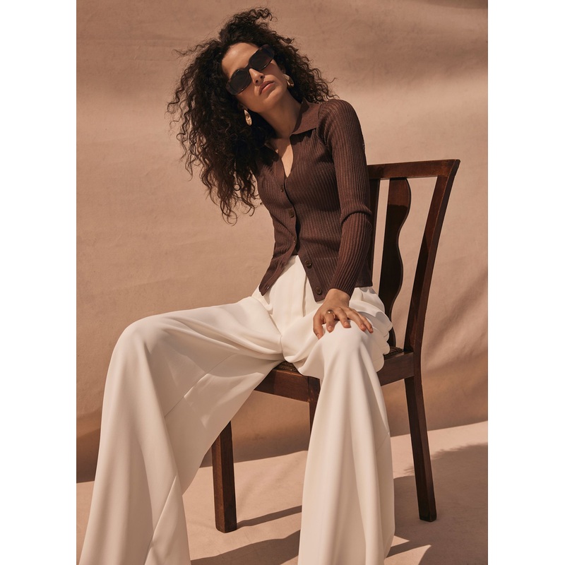 Brown Sheer Collar Knit Shirt XS