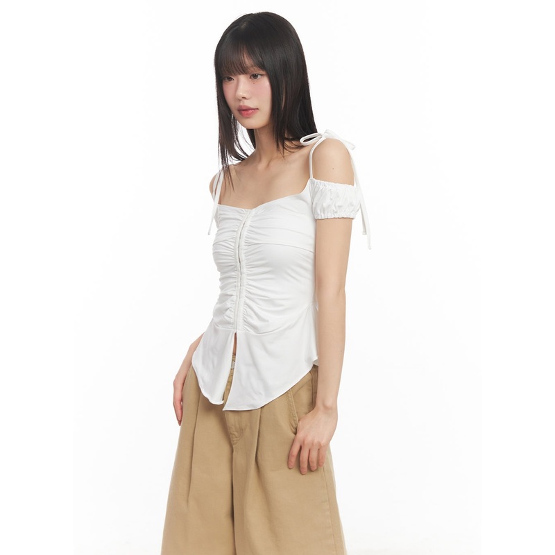 Shirred Off-Shoulder Puff-Sleeve Top CA523 White S/M