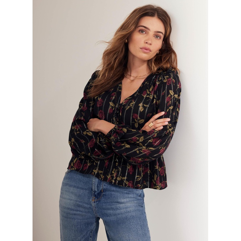 Black Rose Print Tie Front Top XS